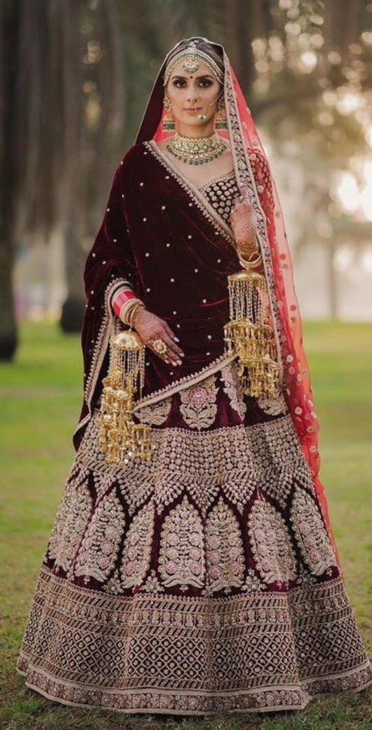 9000 Velvet Maroon Color Bridal Lehenga Choli