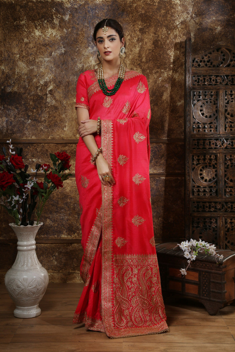 Adorable Dark Pink Silk Full Embroidery And Stone Work Wedding Wear Saree