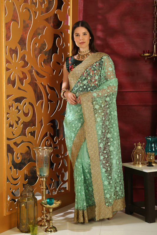 ??????Precious Trending Mint Green Color Organza Full Trendy Work Wedding Saree