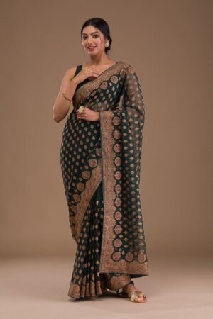 Bottle Green Zariwork Georgette Saree