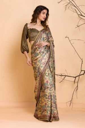 Lemon Yellow Floral Printed Semi Crepe Designer Saree