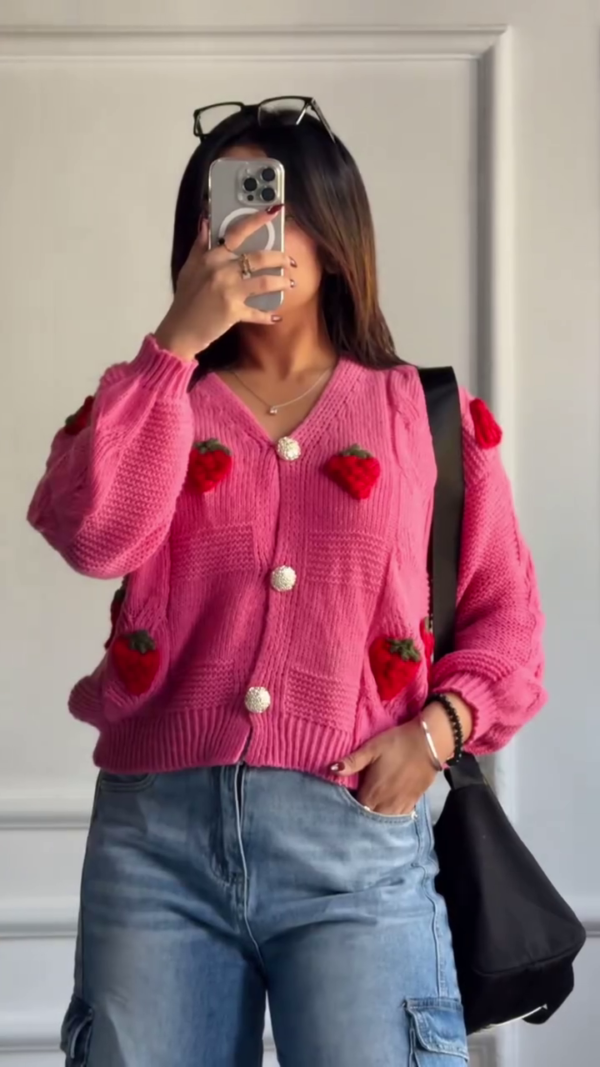 Womens Strawberry Cardigan Sweater Kawaii Knit Cute Fall Aesthetic Floral