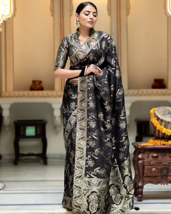 Black Color Banarasi Jacquard Zari Weaving Saree