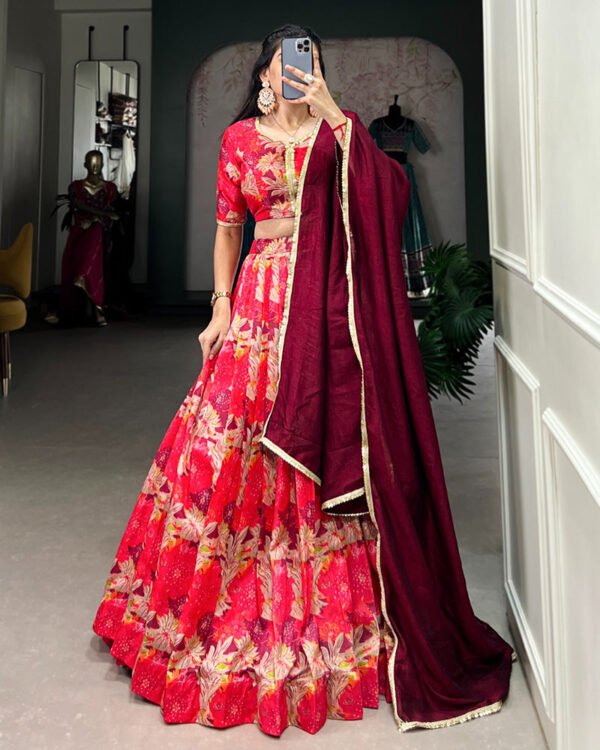 Red Color Tussar Silk Floral Printed Lehenga Choli