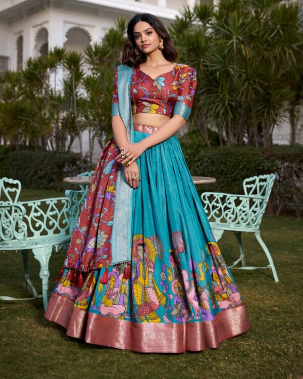 Firozi Color Dola Silk Kalamkari Printed Lehenga Choli