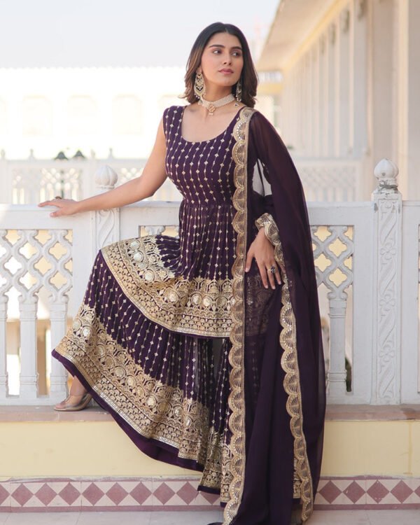 Designer Dark Wine Color Three Piece Gharara Suit