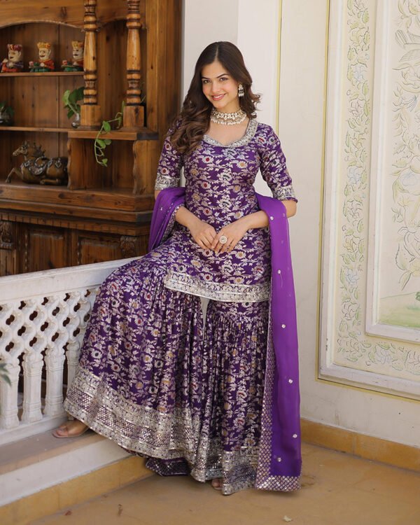 Purple Color Viscose Jacquard Three Piece Gharara Suit