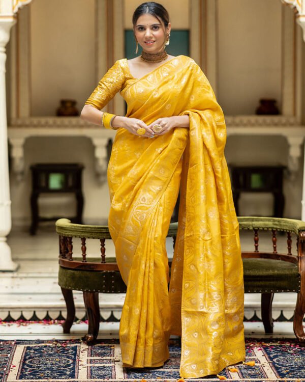 Yellow Color Banarasi Jacquard Zari Weaving Saree