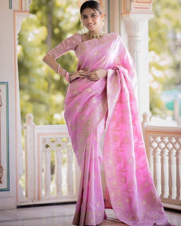 Pink Color Banarasi Jacquard Zari Weaving Saree