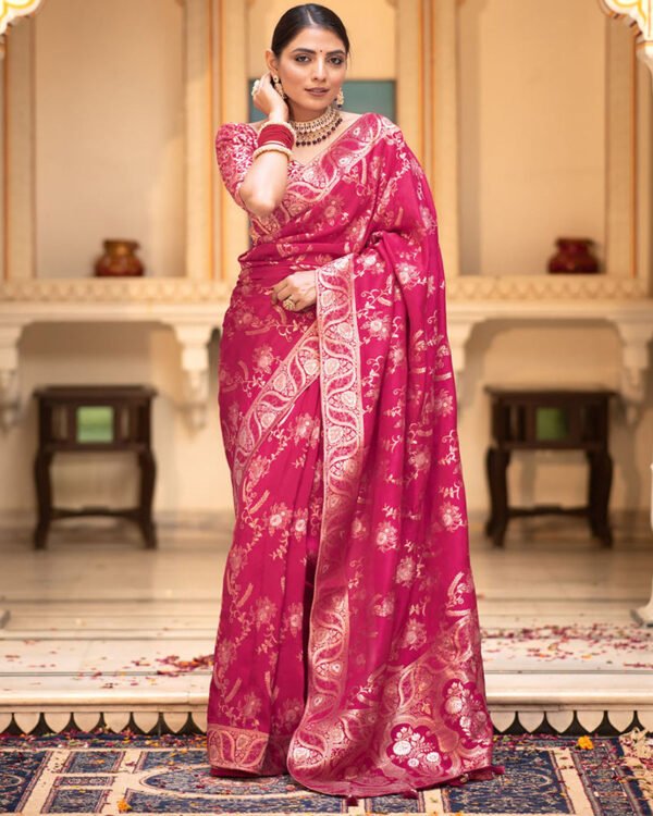 Rani Pink Color Banarasi Jacquard Zari Weaving Saree