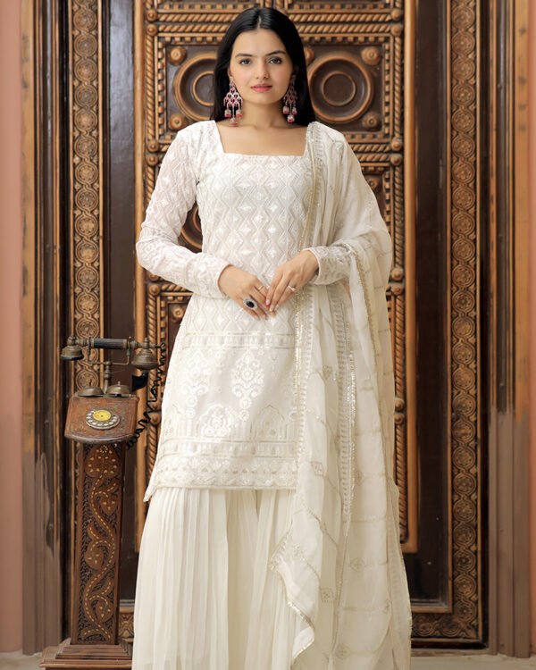 White Color Three Piece Sharara Suit