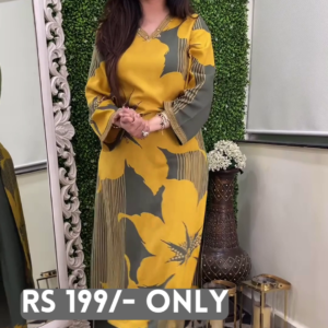 Chic Mustard & Grey Printed Long Dress – Effortless Elegance