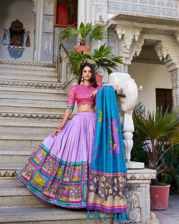 Lavender Color Tussar Silk Kalamkari Printed Lehenga Choli