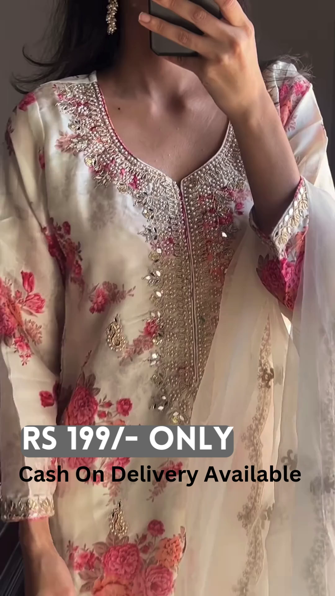 Elegant Floral Embroidered Kurti with Sheer Dupatta - Image 2