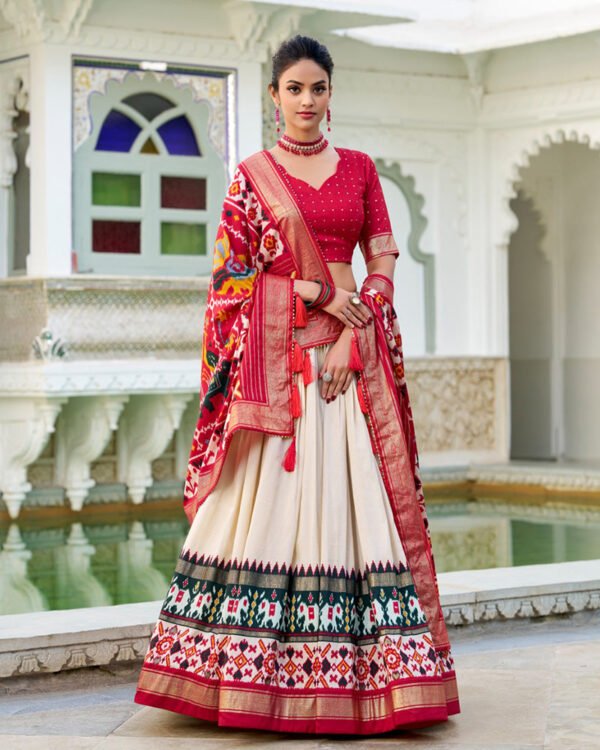 Off-White Color Tussar Silk Patola Printed Lehenga Choli