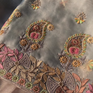 Ethereal Grey Organza Dupatta with Handcrafted Embroidery