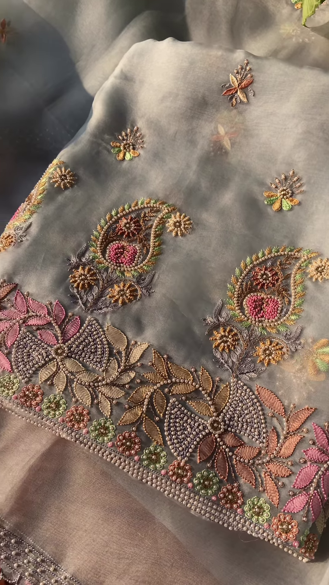 Ethereal Grey Organza Dupatta with Handcrafted Embroidery