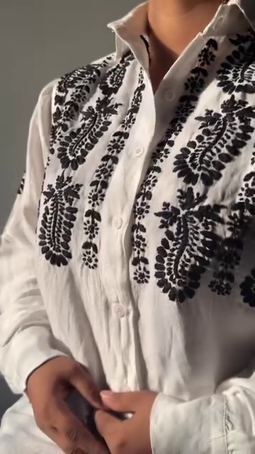 Elegant Hand-Embroidered Monochrome Cotton Shirt