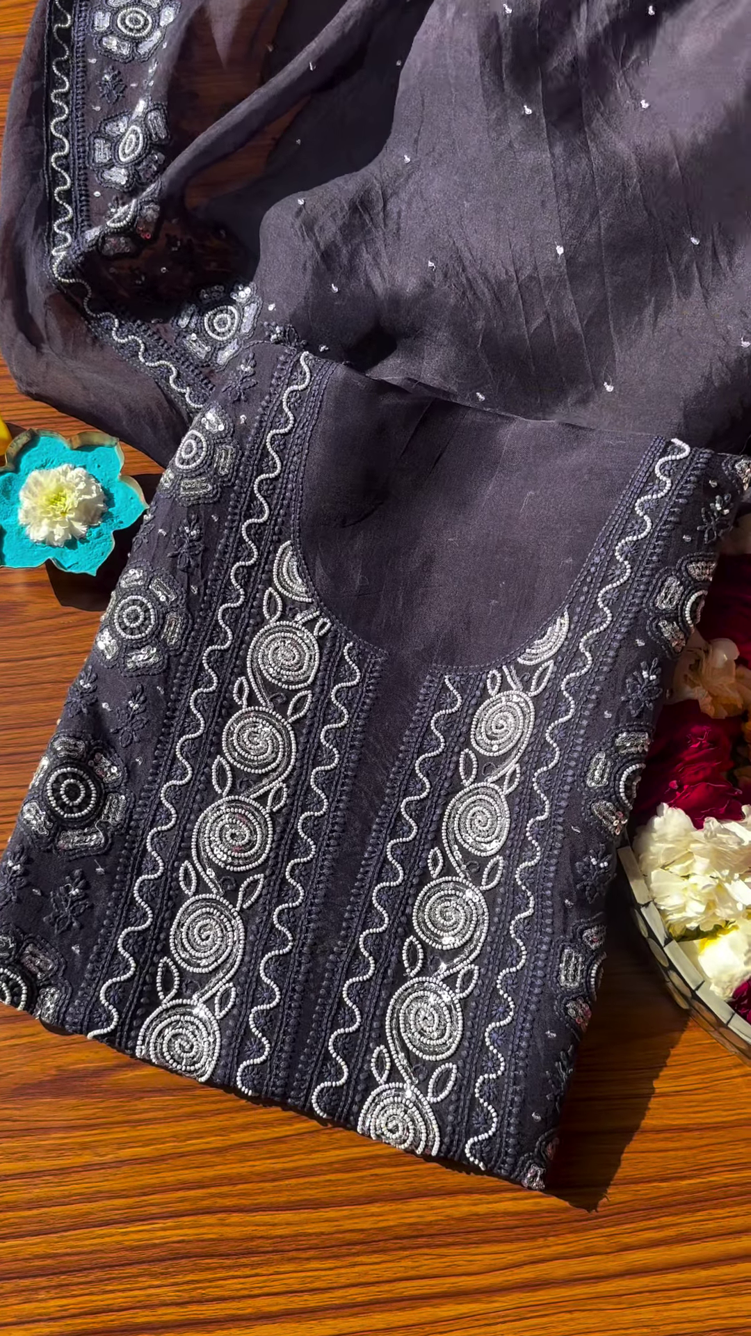 Midnight Black Chikankari Embroidered Kurta with Mirror Work