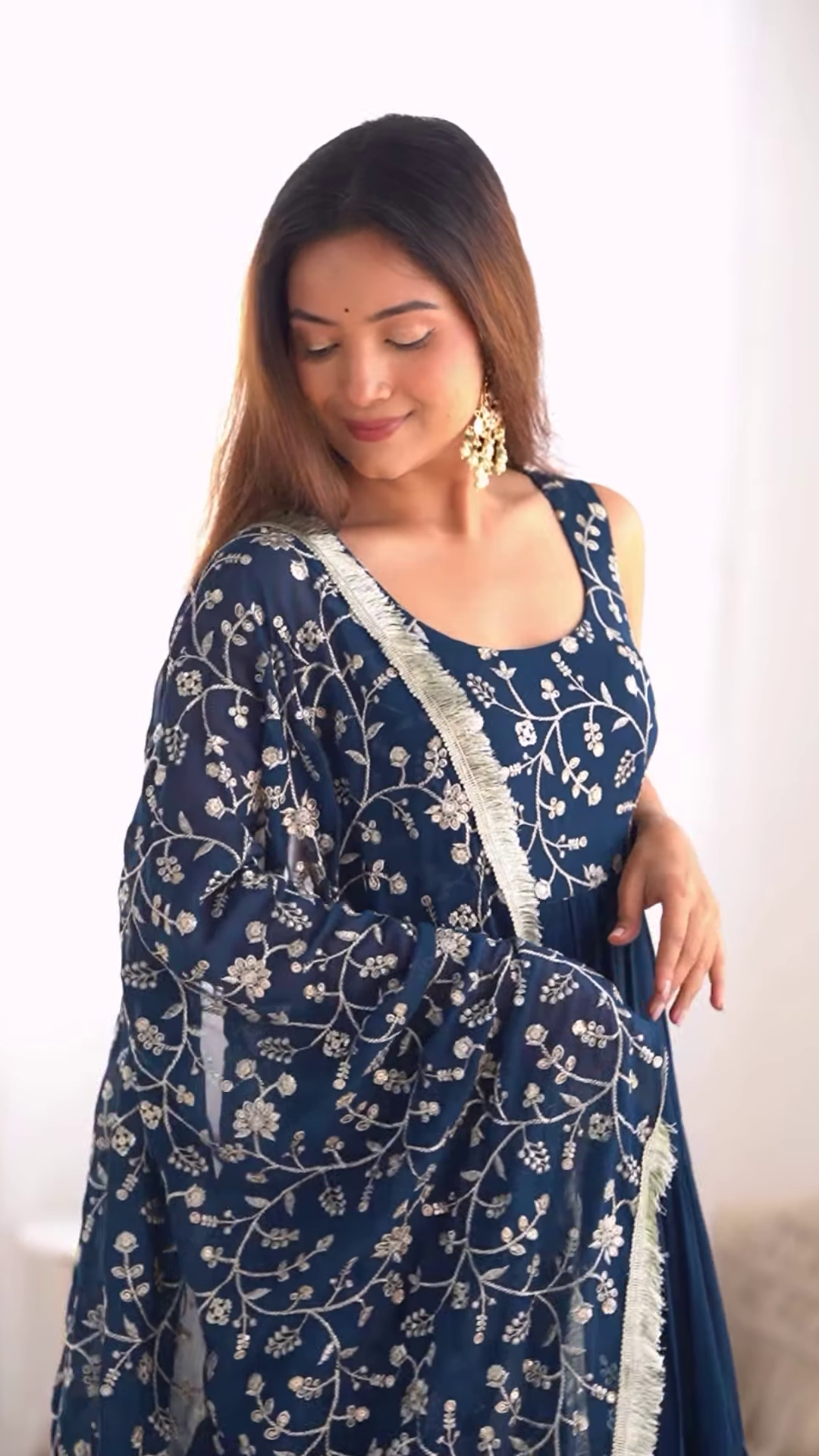 Midnight Blue Embroidered Tiered Anarkali Set - Image 2