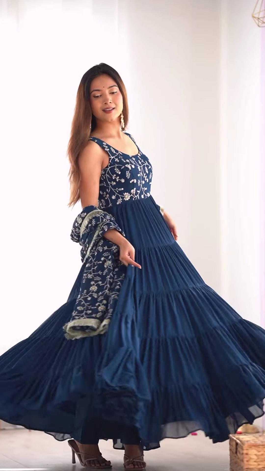 Midnight Blue Embroidered Tiered Anarkali Set
