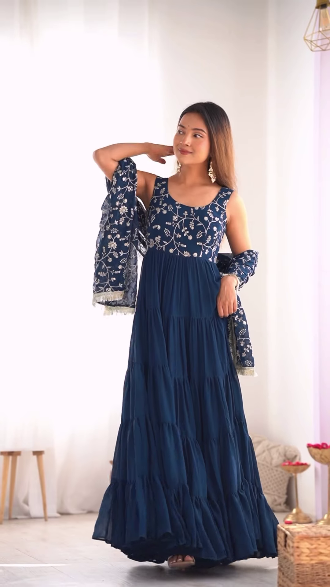 Midnight Blue Embroidered Tiered Anarkali Set - Image 3