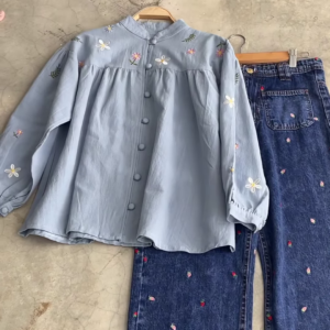 Floral Embroidered Denim & Blouse Set