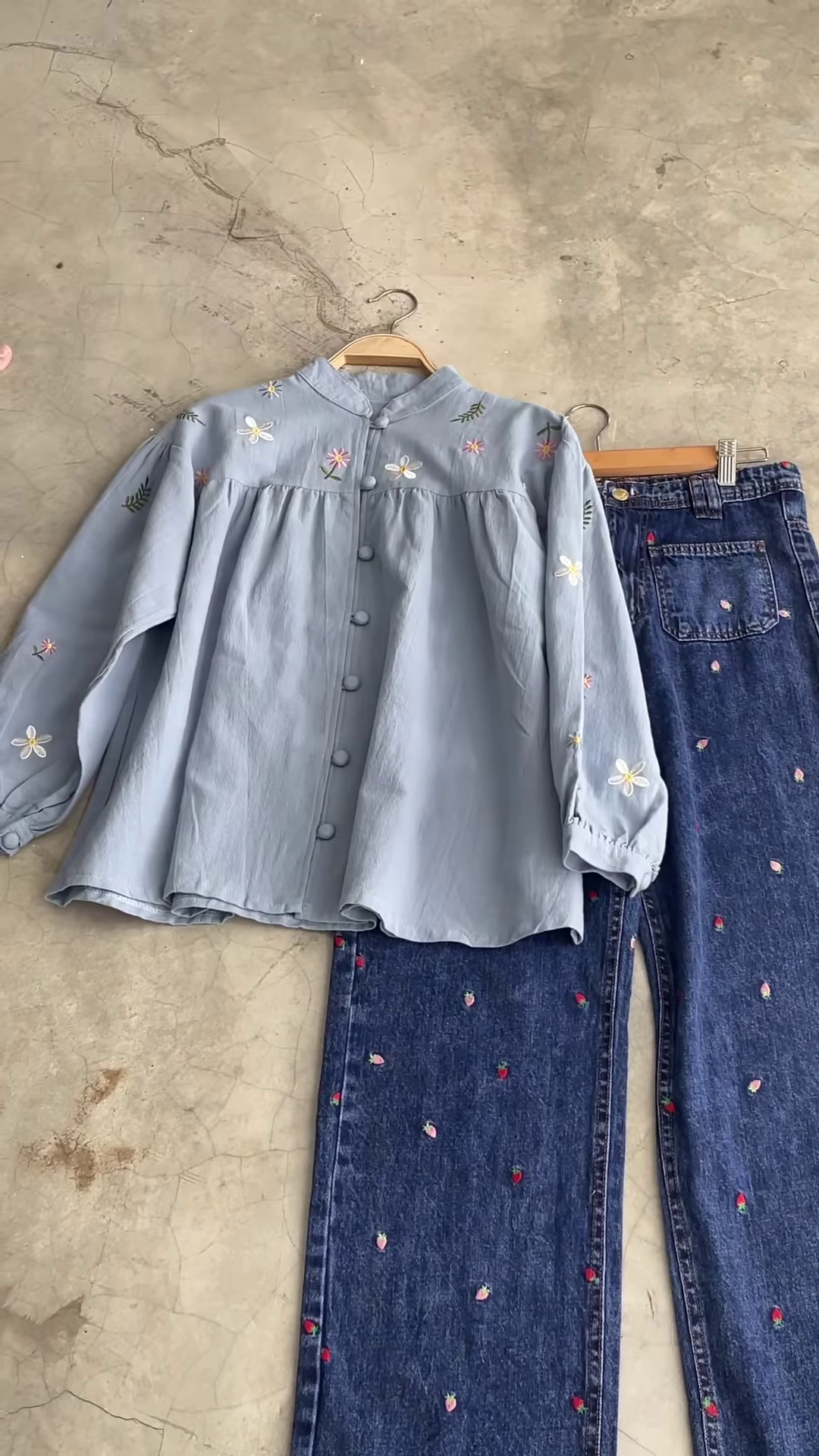 Floral Embroidered Denim & Blouse Set