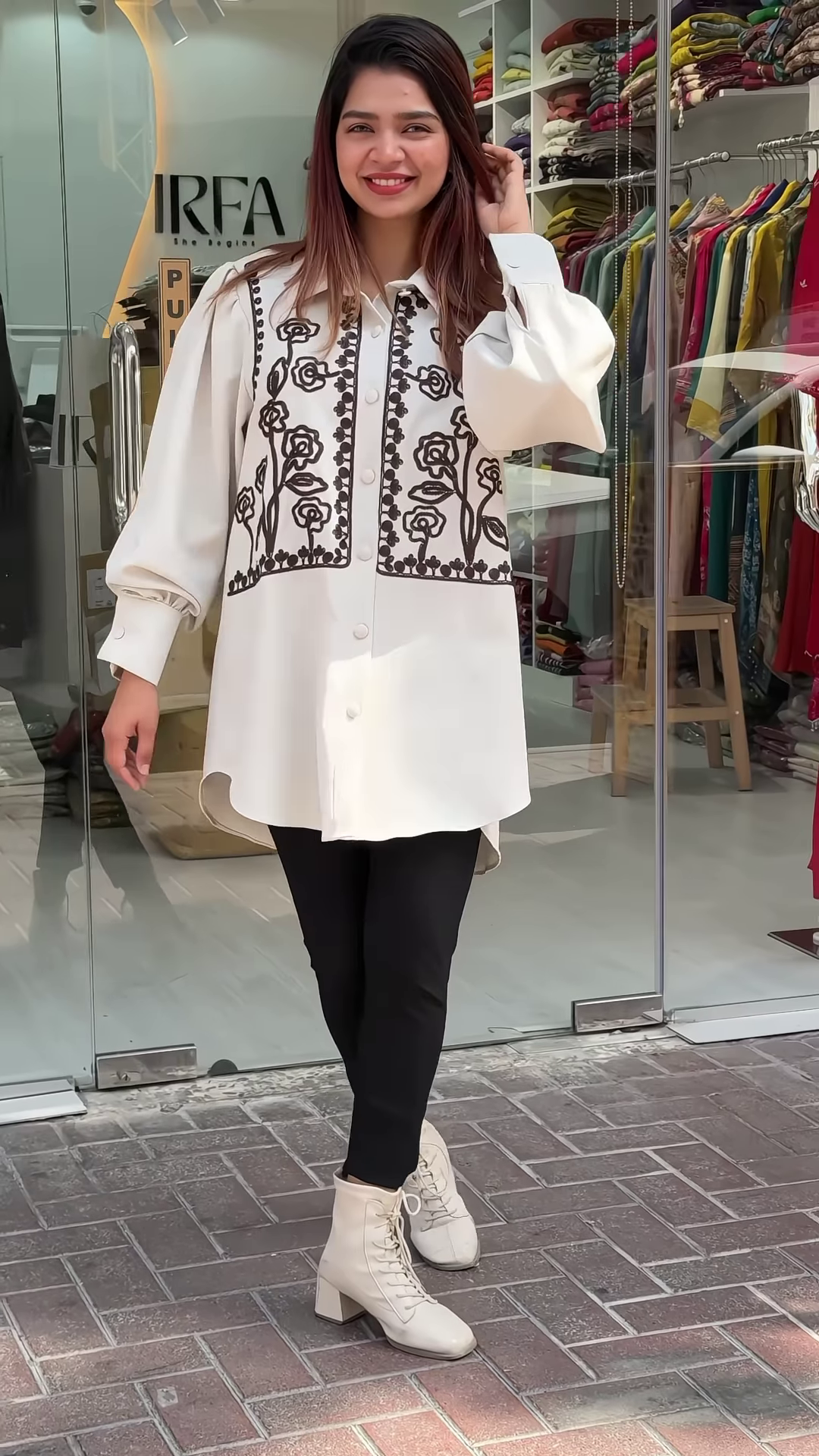 White & Black Embroidered Oversized Shirt - Image 2