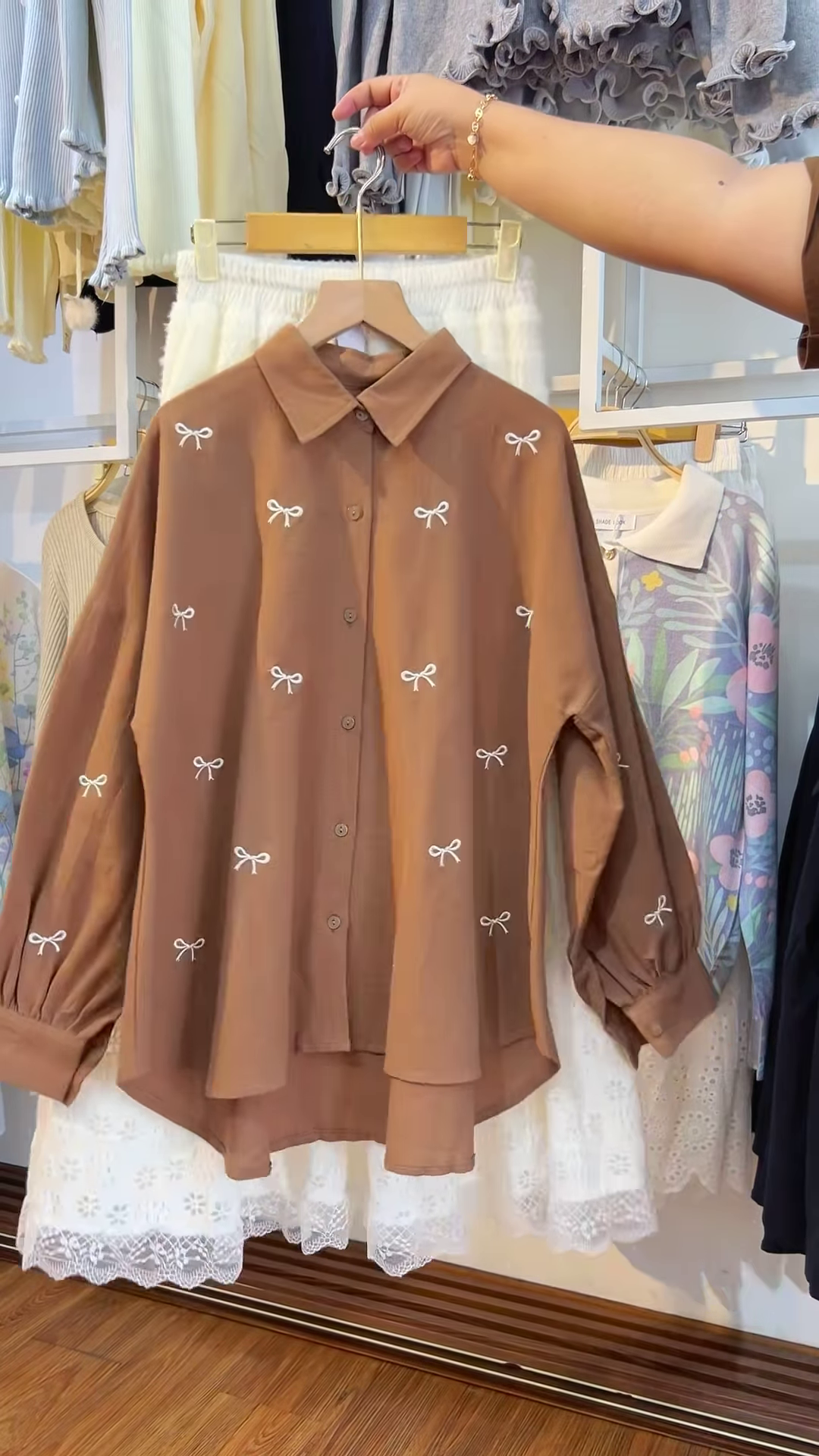 Chic Brown Bow Embroidered Oversized Shirt - Image 3