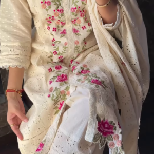 Ivory Floral Embroidered Cotton Kurta