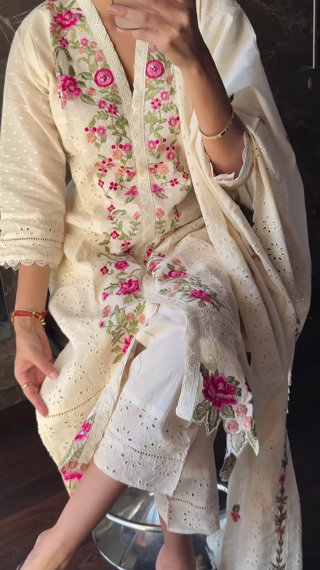 Ivory Floral Embroidered Cotton Kurta