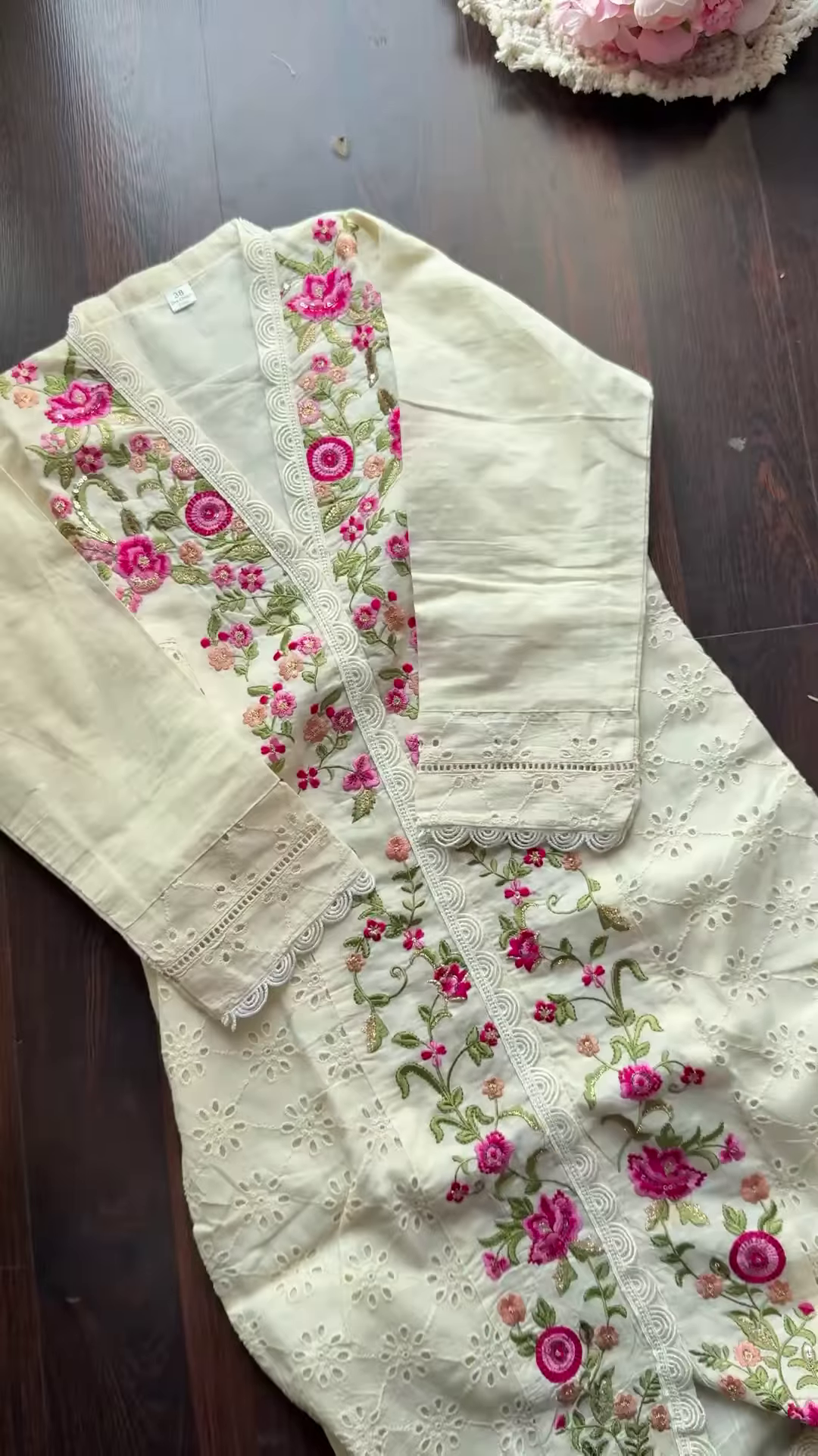 Ivory Floral Embroidered Cotton Kurta - Image 2