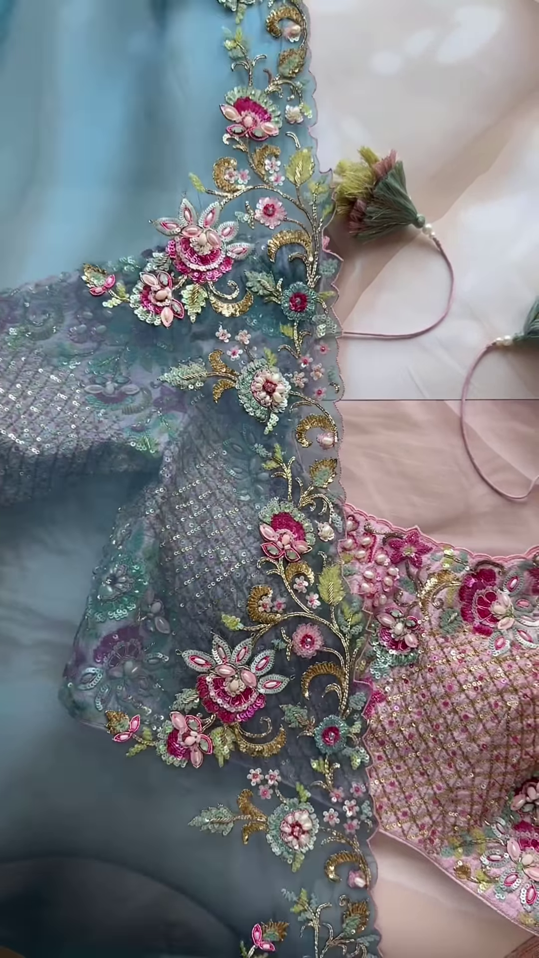 Aqua Blue Heavy Embroidered Net Dupatta