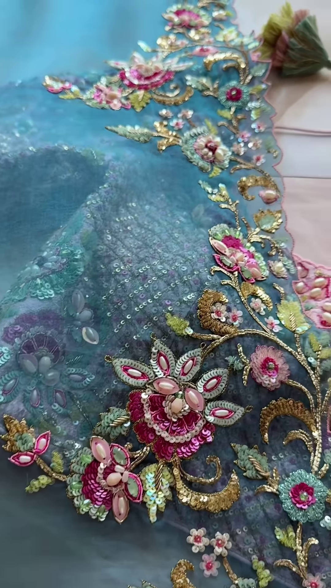 Aqua Blue Heavy Embroidered Net Dupatta - Image 3