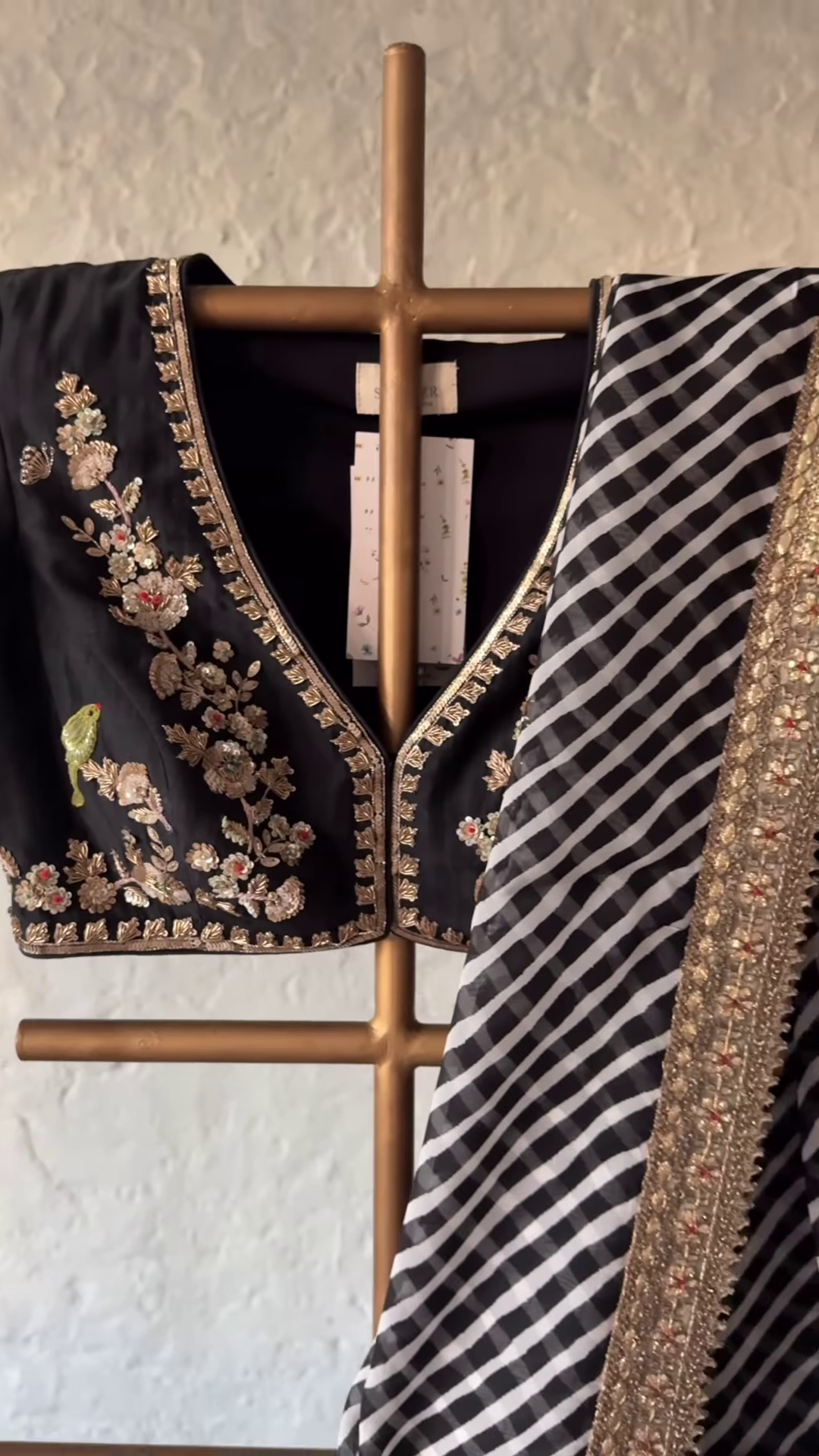 Black & Gold Hand-Embroidered Saree Set - Image 2