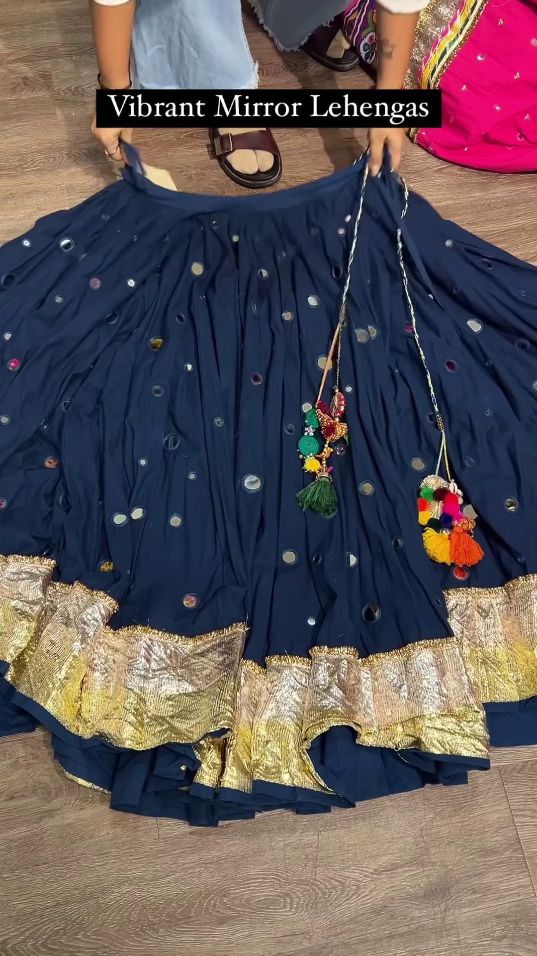 Navy Blue Mirror Work Lehenga with Golden Border