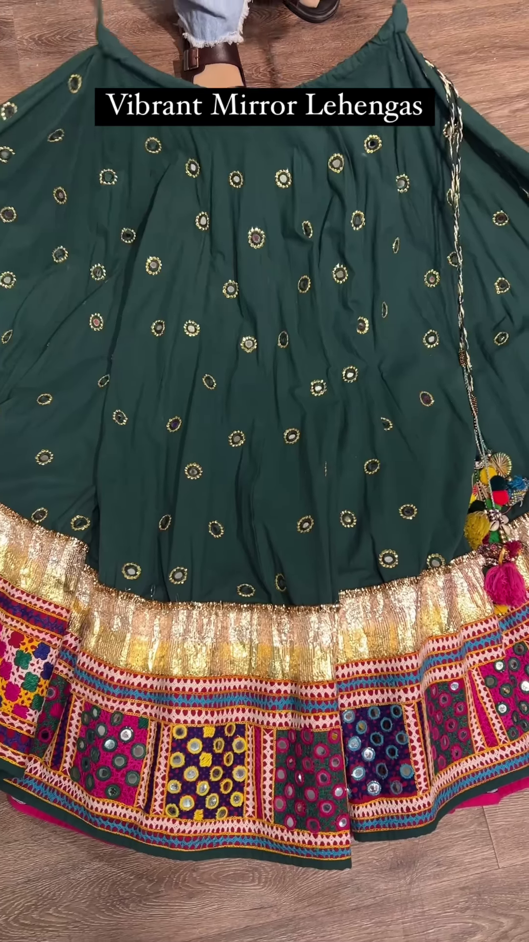 Navy Blue Mirror Work Lehenga with Golden Border - Image 2