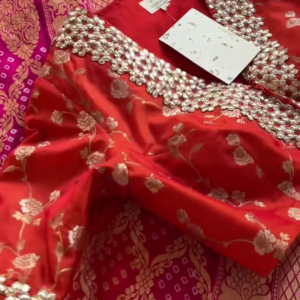 Red and Pink Banarasi Silk Lehenga Set with Mirror Work Blouse