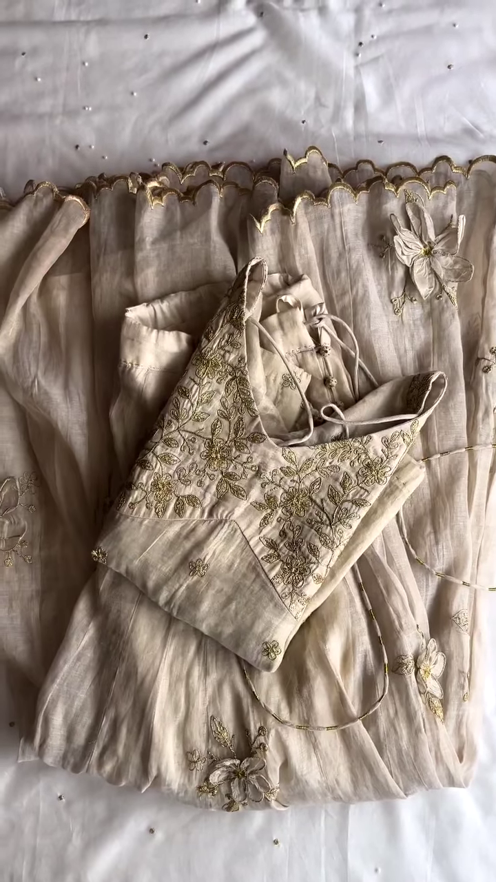 Elegant Ivory Hand-Embroidered Organza Lehenga Set