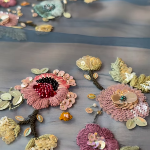 Pastel Hand-Embroidered Floral Organza Fabric