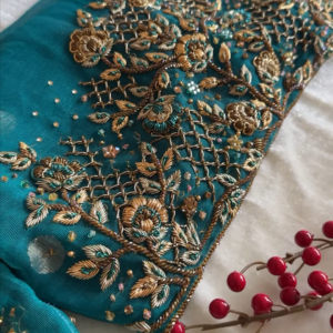 Regal Teal Gold Hand-Embroidered Net Dupatta