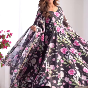 Black Floral Printed Anarkali Set