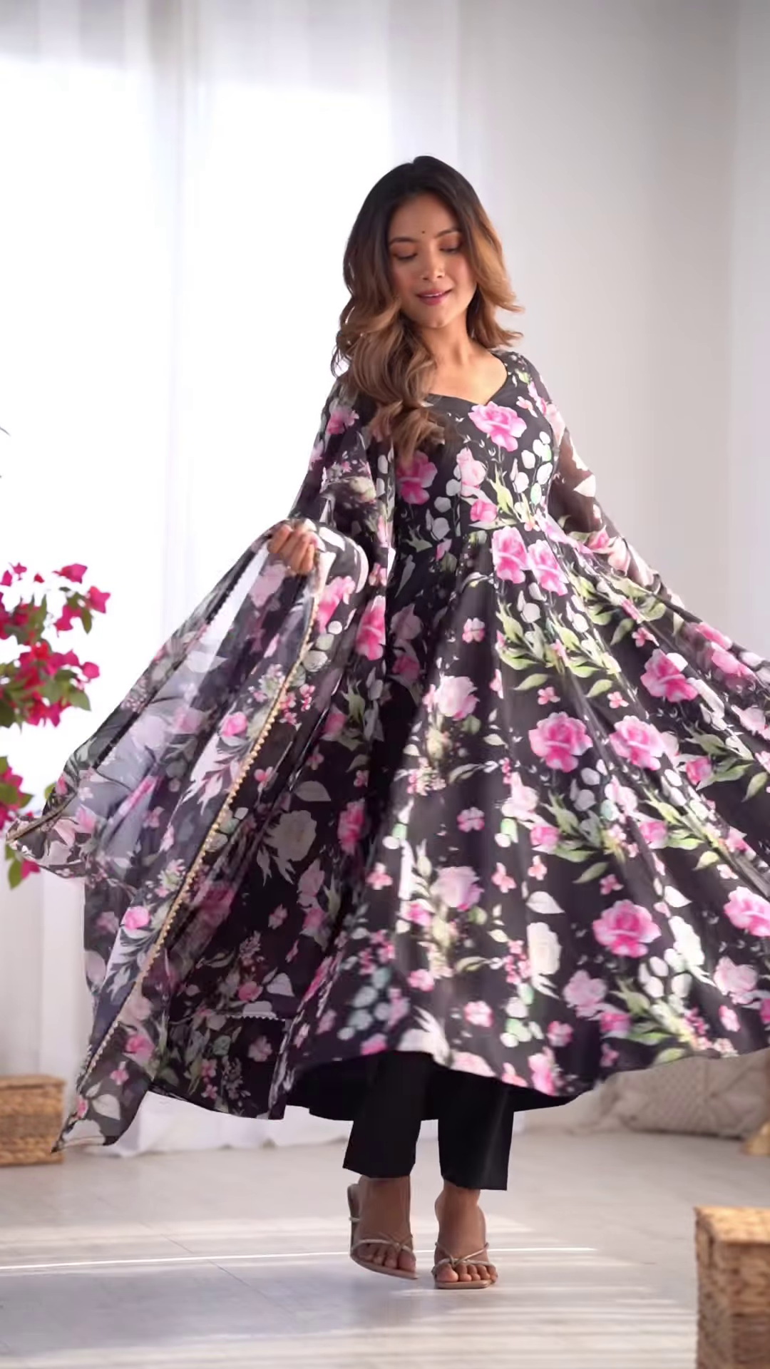 Black Floral Printed Anarkali Set