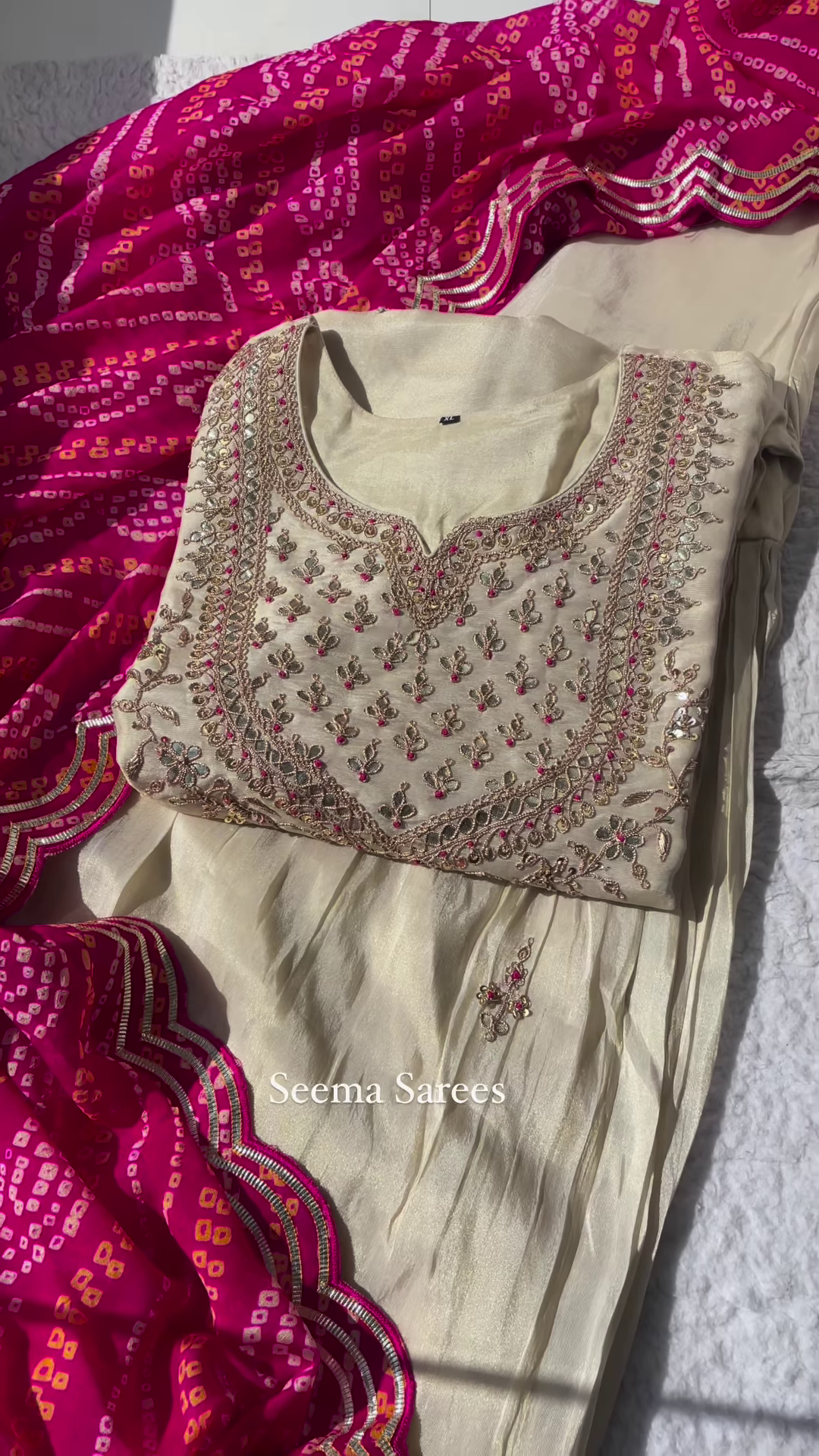 Elegant Cream Embroidered Suit with Bandhani Dupatta