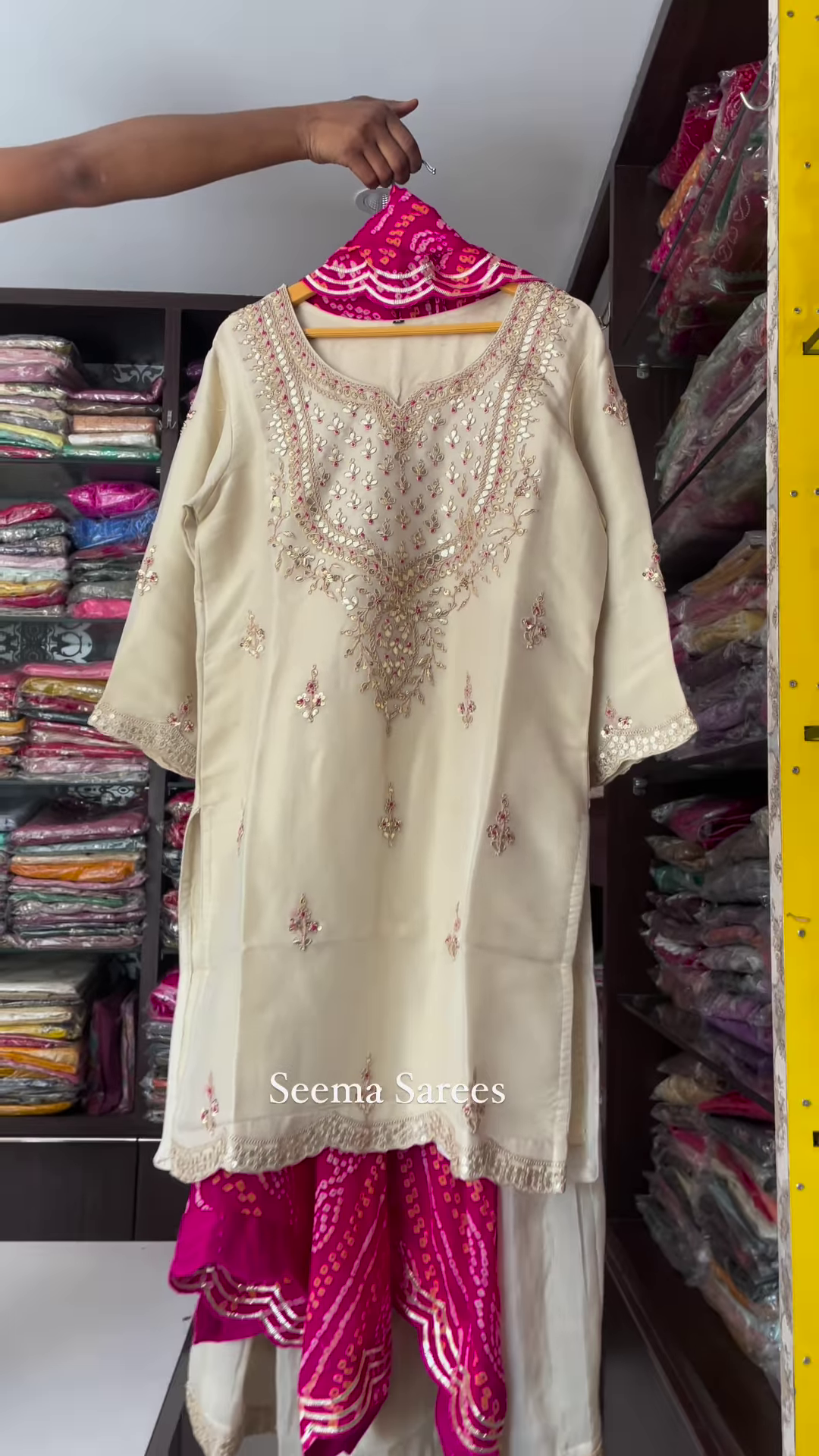 Elegant Cream Embroidered Suit with Bandhani Dupatta - Image 2