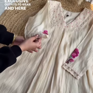 Elegant Ivory & Pink Floral Embroidered Flared Dress