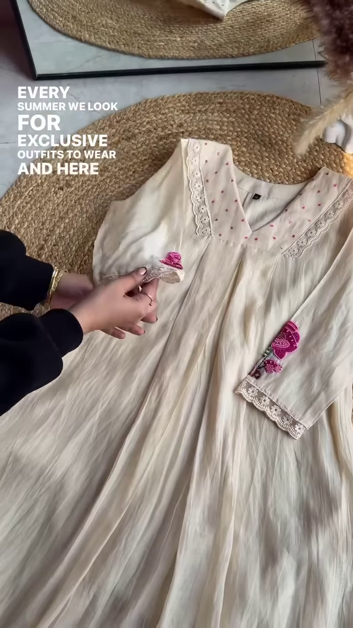 Elegant Ivory & Pink Floral Embroidered Flared Dress