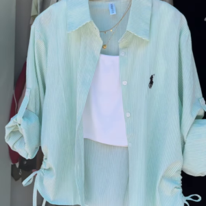 Mint Striped Drawstring Shirt with White Crop Tank – Breezy Layered Look