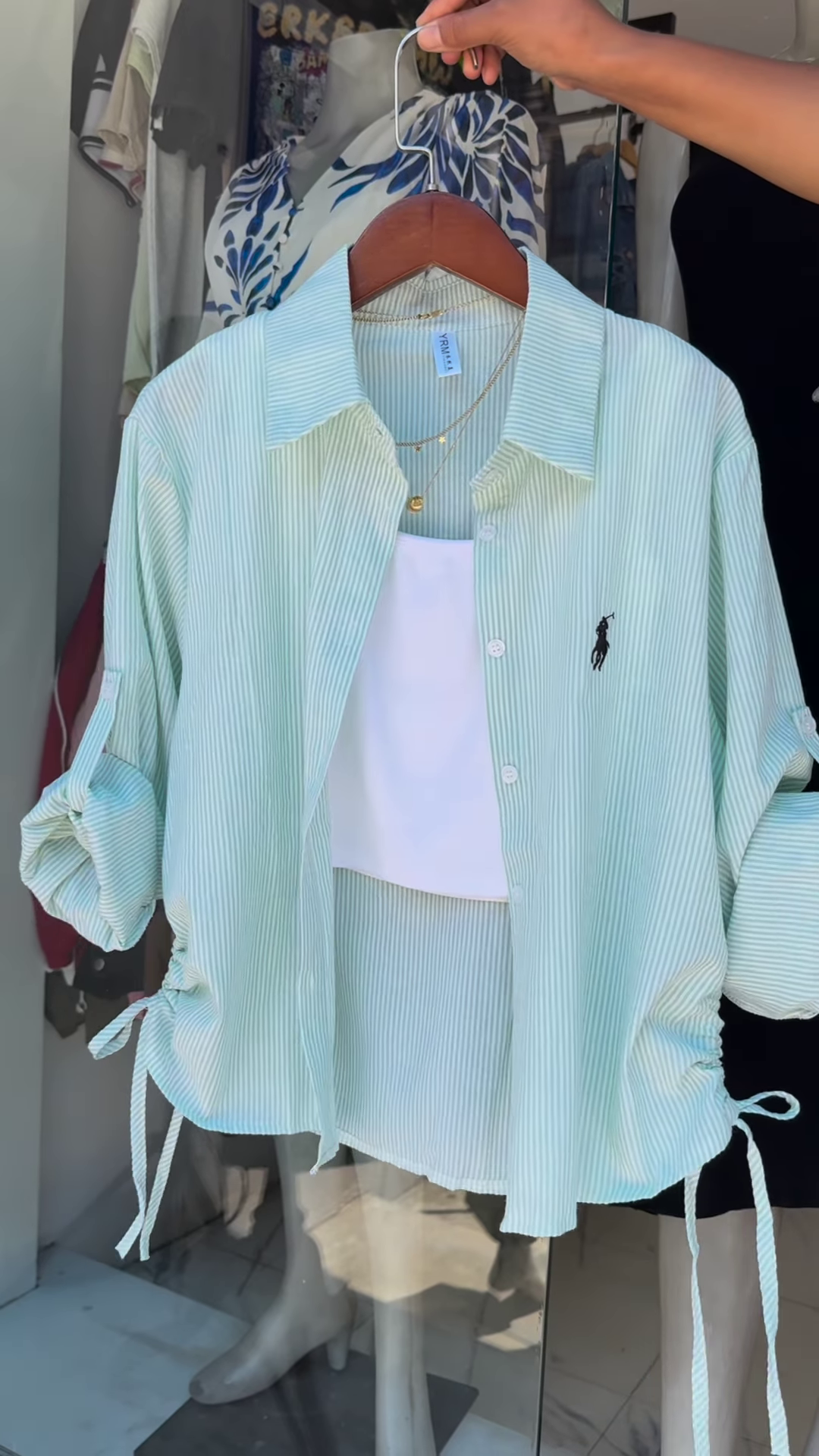 Mint Striped Drawstring Shirt with White Crop Tank – Breezy Layered Look